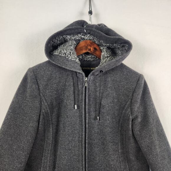 Fleet Street Wool Coat Women's SZ M Black Full Zip Hooded Pockets EUC - Picture 5 of 16